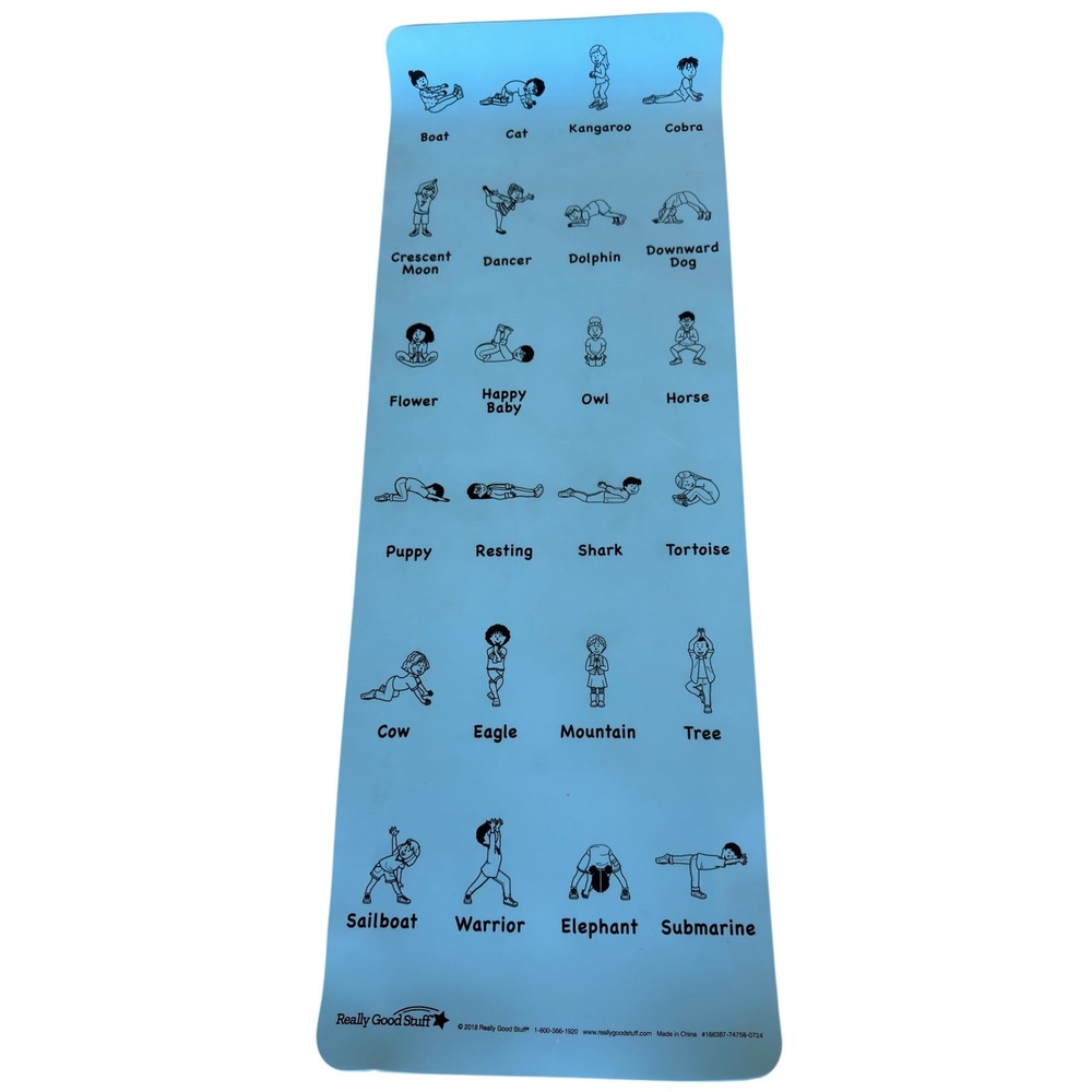 Really Good Stuff Yoga Mat Blue Instructional Poses Kids Exercise Mat with Strap
